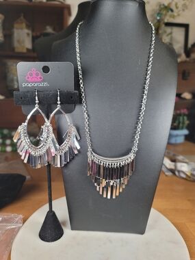 Paparazzi Silver Fringe Statement Necklace and Earrings Set
